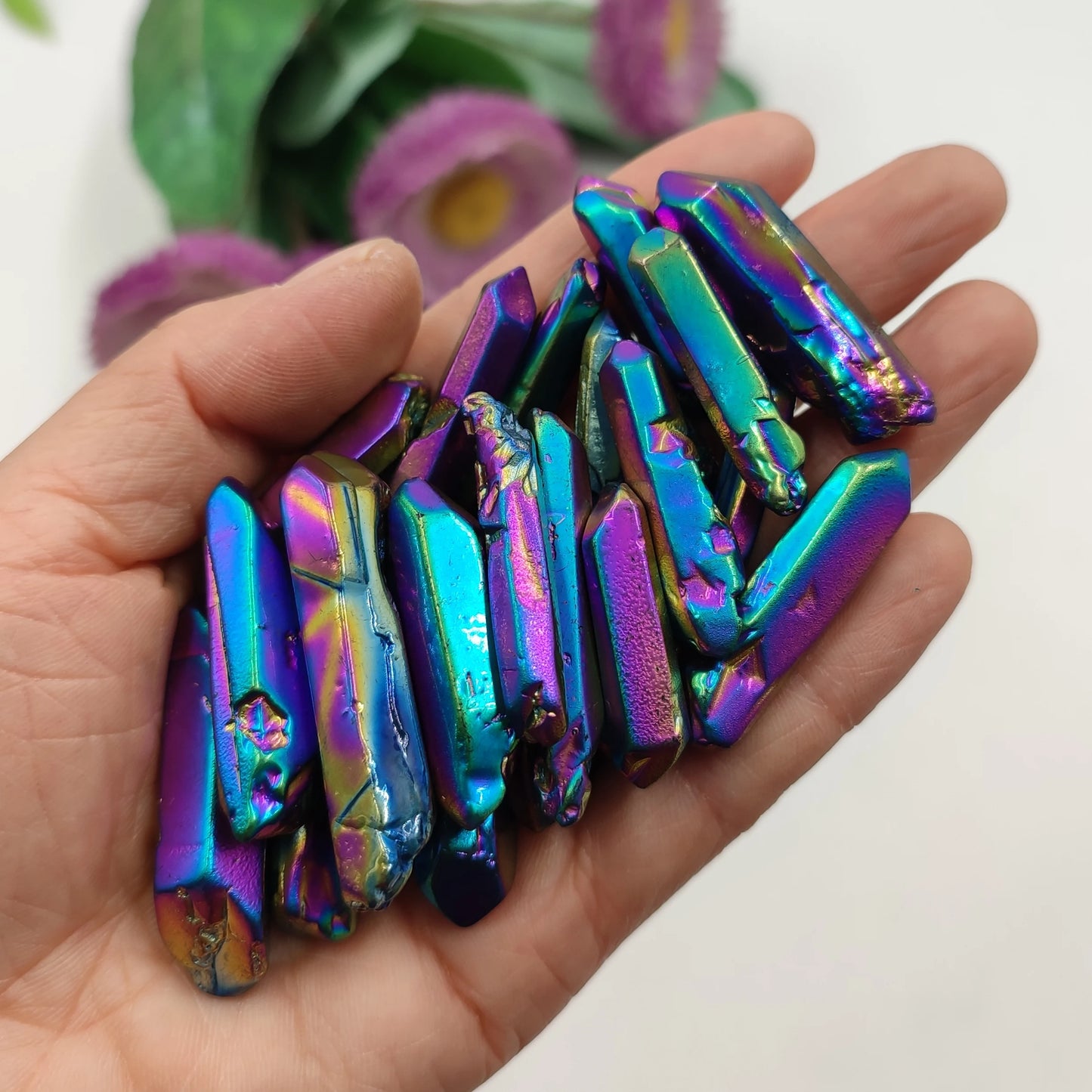 Natural Rainbow Titanium Aura Wand Crystal Point Healing Stone