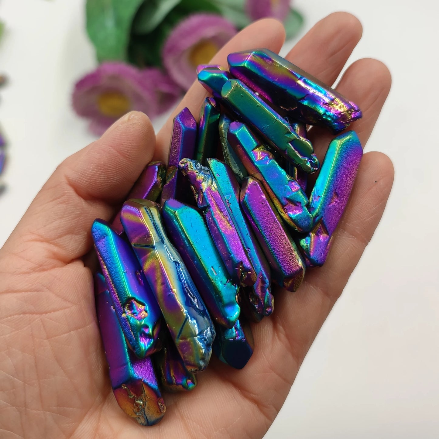 Natural Rainbow Titanium Aura Wand Crystal Point Healing Stone
